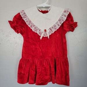 New York Kids Vintage Red Velour Dress White Lace Collar Toddler Girl 4T